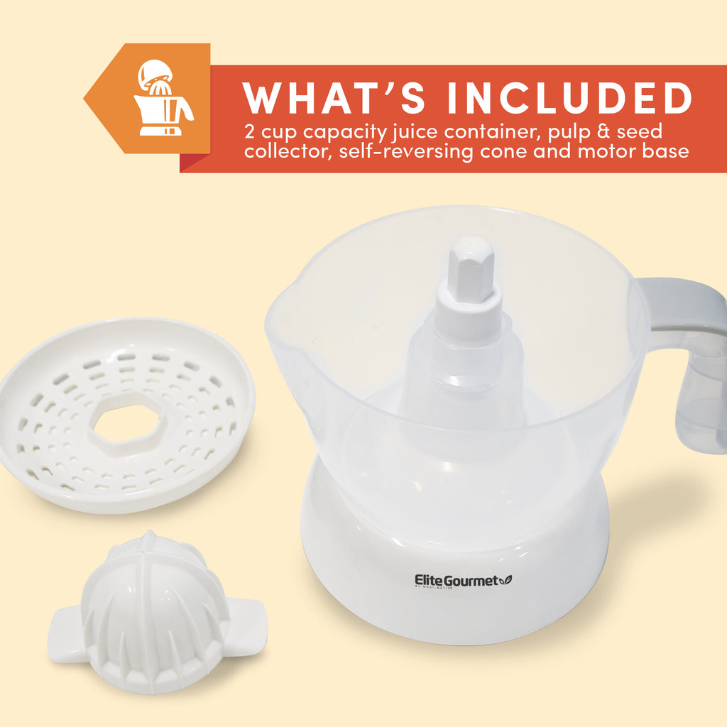 WHAT'S INCLUDED 2 cup capacity juice container, pulp & seed collector, self-reversing cone and motor base. Parts of Elite gourmet Citrus Orange Juicer.