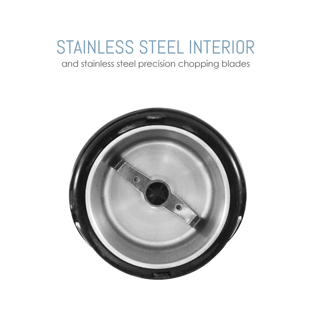 Stainless Steel Interior and stainless steel precision chopping blades.