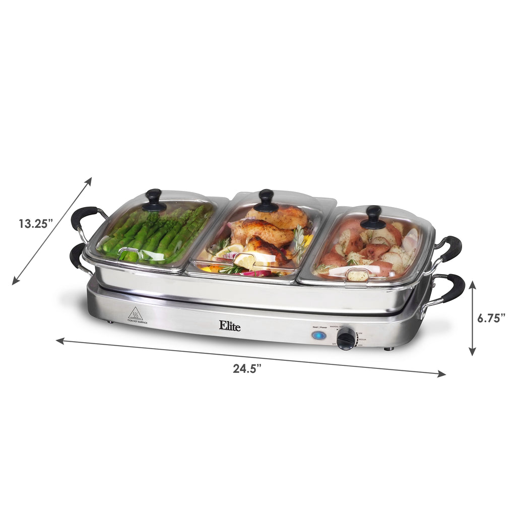 Dimensions of buffet server.  13.25" Length, 24.5" Width, 6.75" Height.