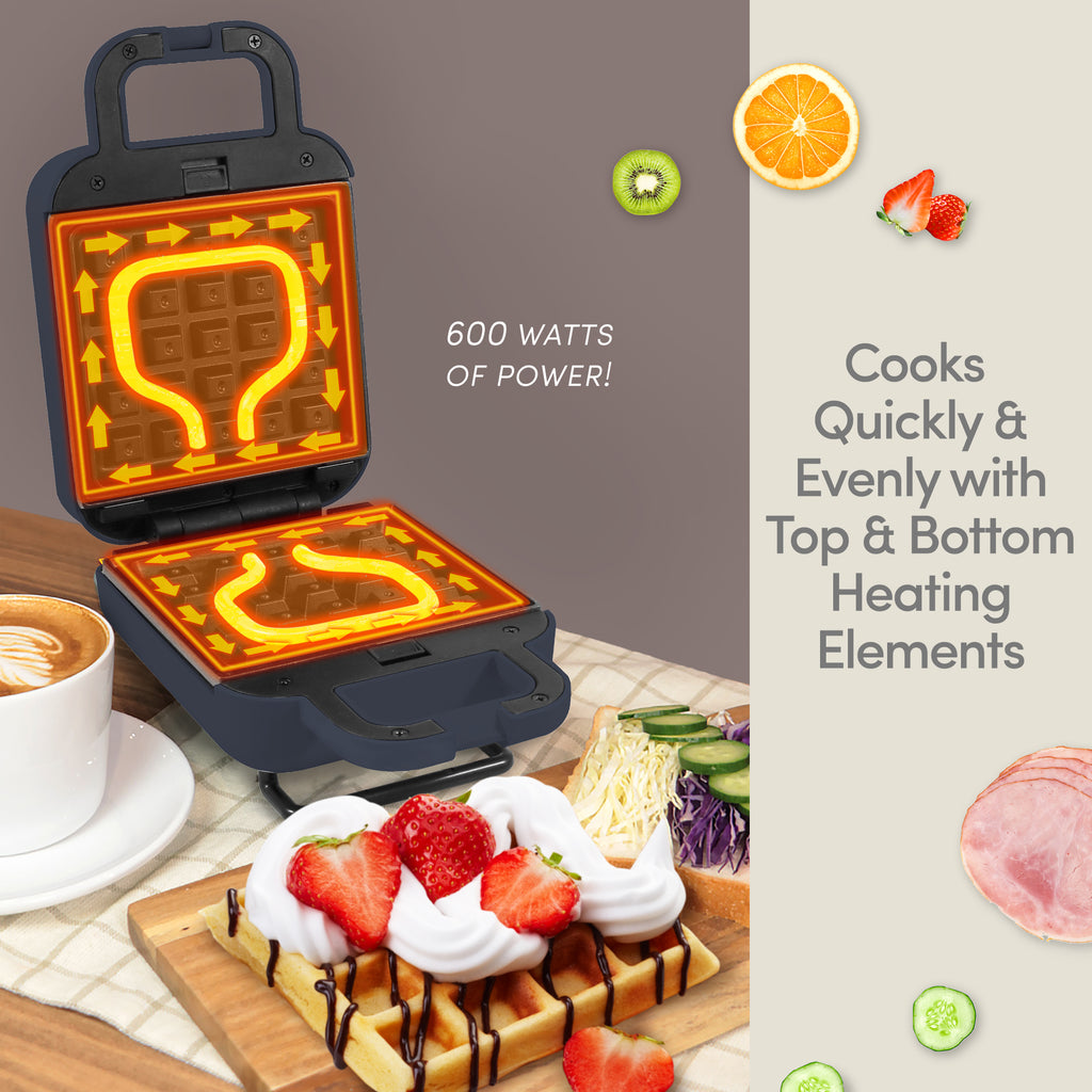 Cooks Quickly & Evenly with Top & Bottom Heating Elements. 600 WATTS OF POWER! Image showing heat circle of waffle maker.