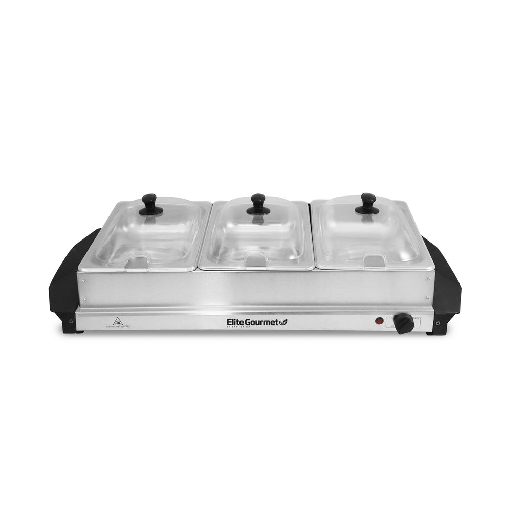 3 Tray 7.5-Quart Triple Buffet Server Food Warmer with Clear Slotted Lids