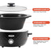 Tempered Glass Lid with Cool-Touch Knob.  Stoneware Pot Dishwasher-safe with 6 Quart capacity.  Slow cooker base with temperature control knob and cool-touch handles.
