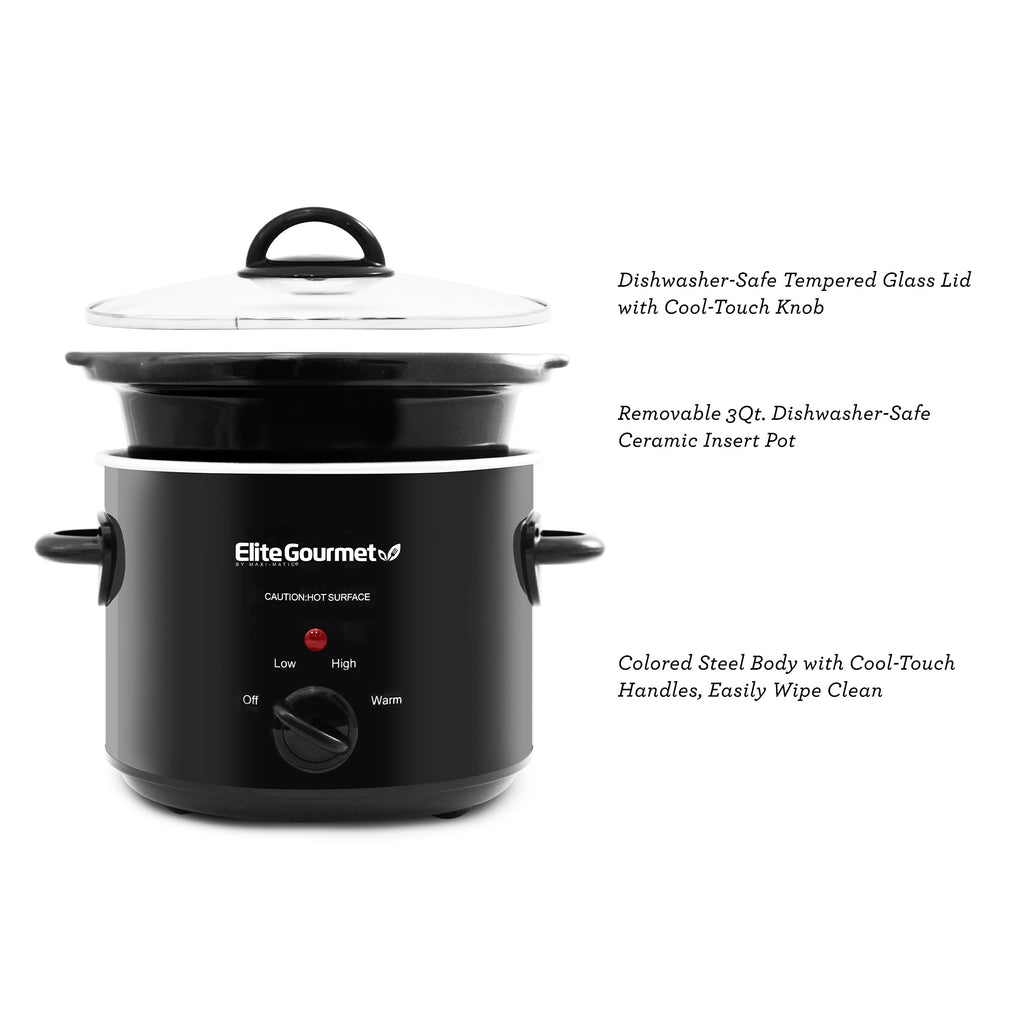 Dishwasher-Safe Tempered Glass Lid with Cool-Touch Knob, Removable 3Qt. Dishwasher-Safe Ceramic Insert Pot, Colored Steel Body with Cool-Touch Handles, Easily Wipe Clean.