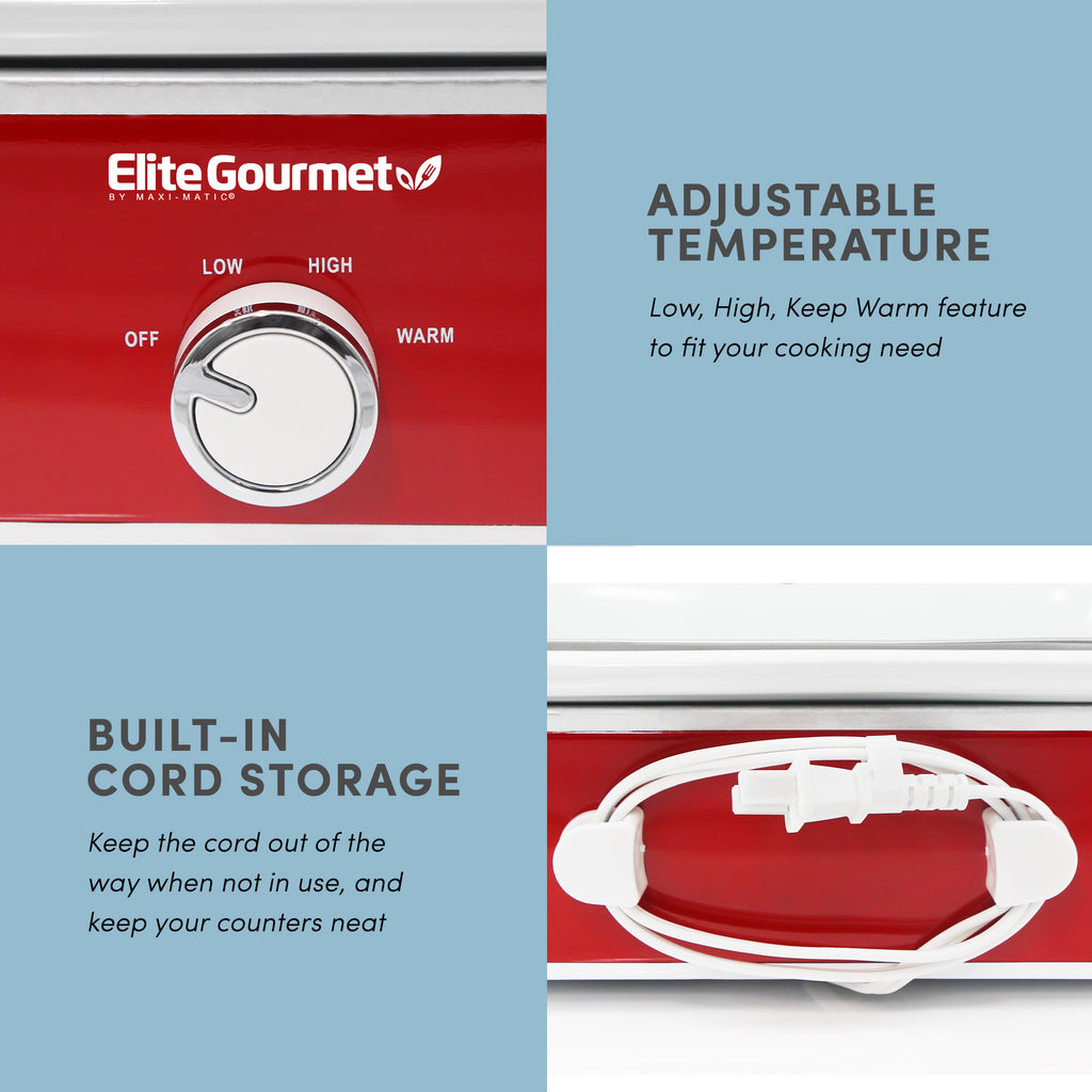 ADJUSTABLE TEMPERATURE Low, High, Keep Warm feature to fit your cooking need. BUILT-IN CORD STORAGE Keep the cord out of the way when not in use, and keep your counters neat.