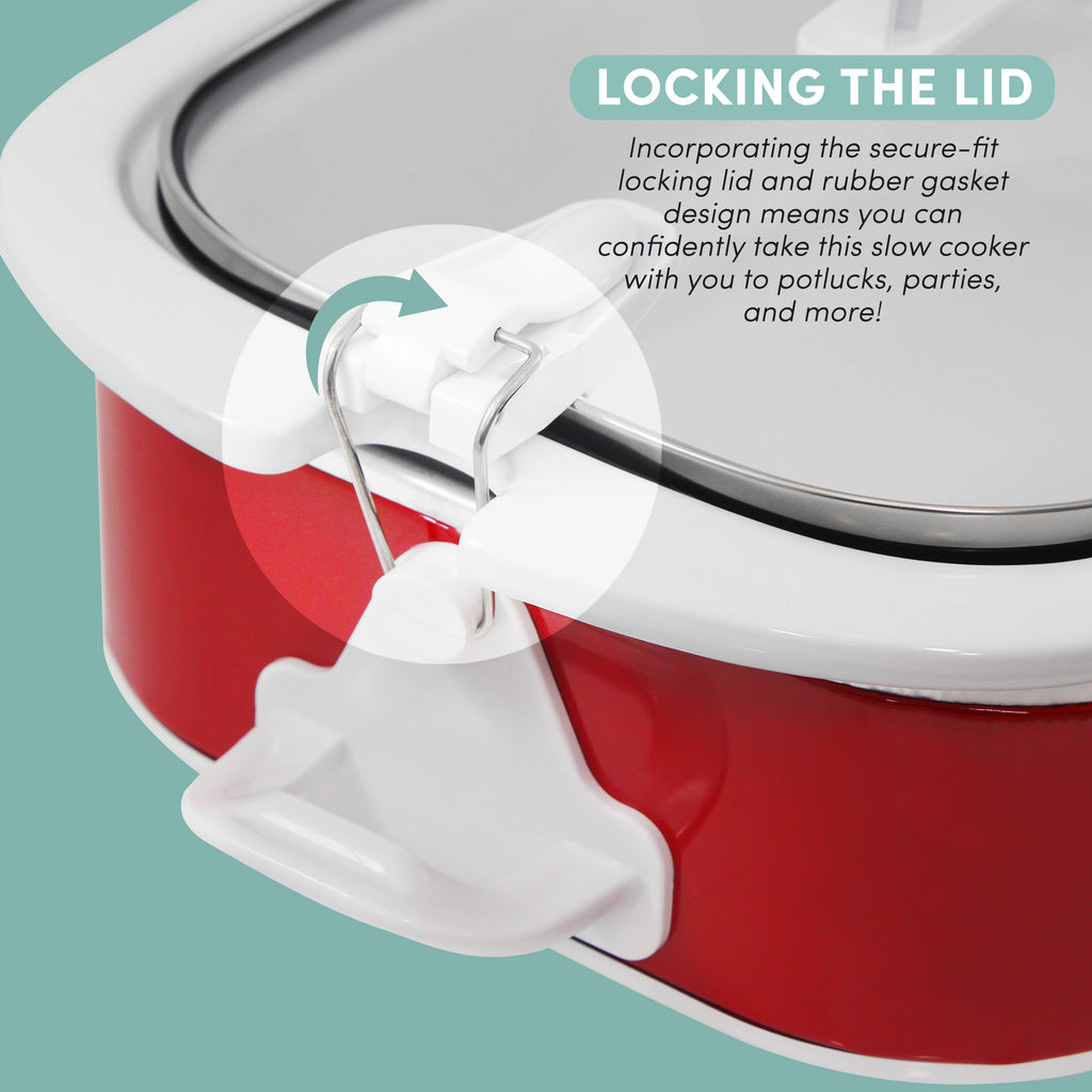 LOCKING THE LID Incorporating the secure-fit locking lid and rubber gasket design means you can confidently take this slow cooker with you to potlucks, parties, and more!