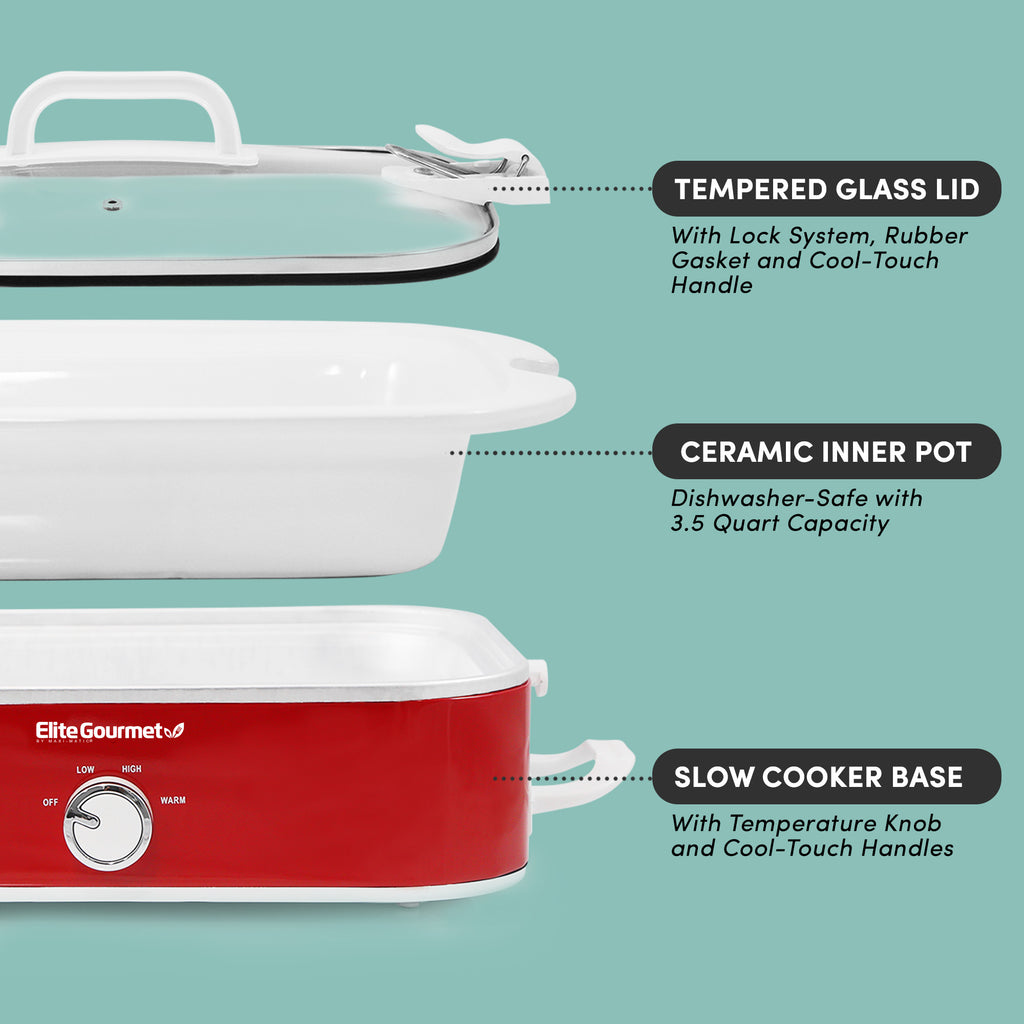 TEMPERED GLASS LID With Lock System, Rubber Gasket and Cool-Touch Handle. CERAMIC INNER POT Dishwasher-Safe with 3.5 Quart Capacity. SLOW COOKER BASE With Temperature Knob and Cool-Touch Handles. Image showing parts of slow cooker