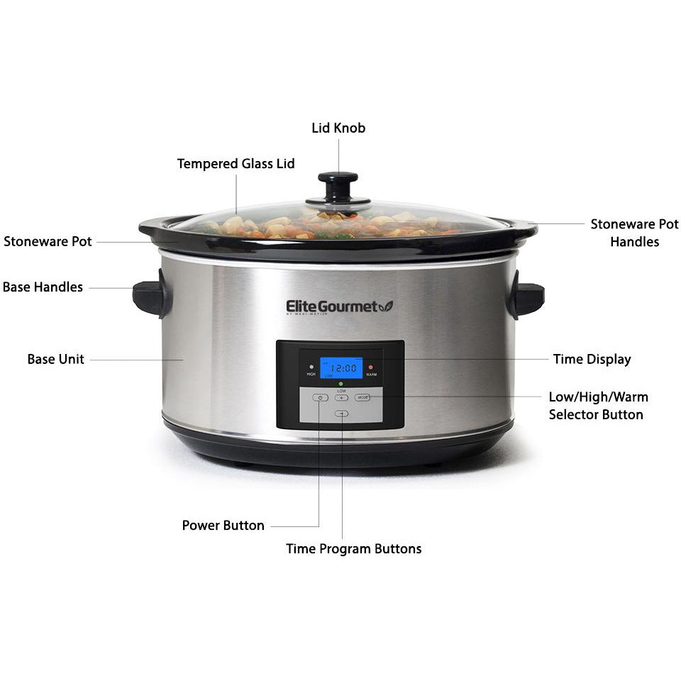 Parts Indicator:  Lid Knob, Tempered Glass Lid, Stoneware Pot, Base Handles, Base Unit, Power Button, Time Program Buttons, Low/High/Warm Selector Button, Time Display, Stoneware Pot Handles.