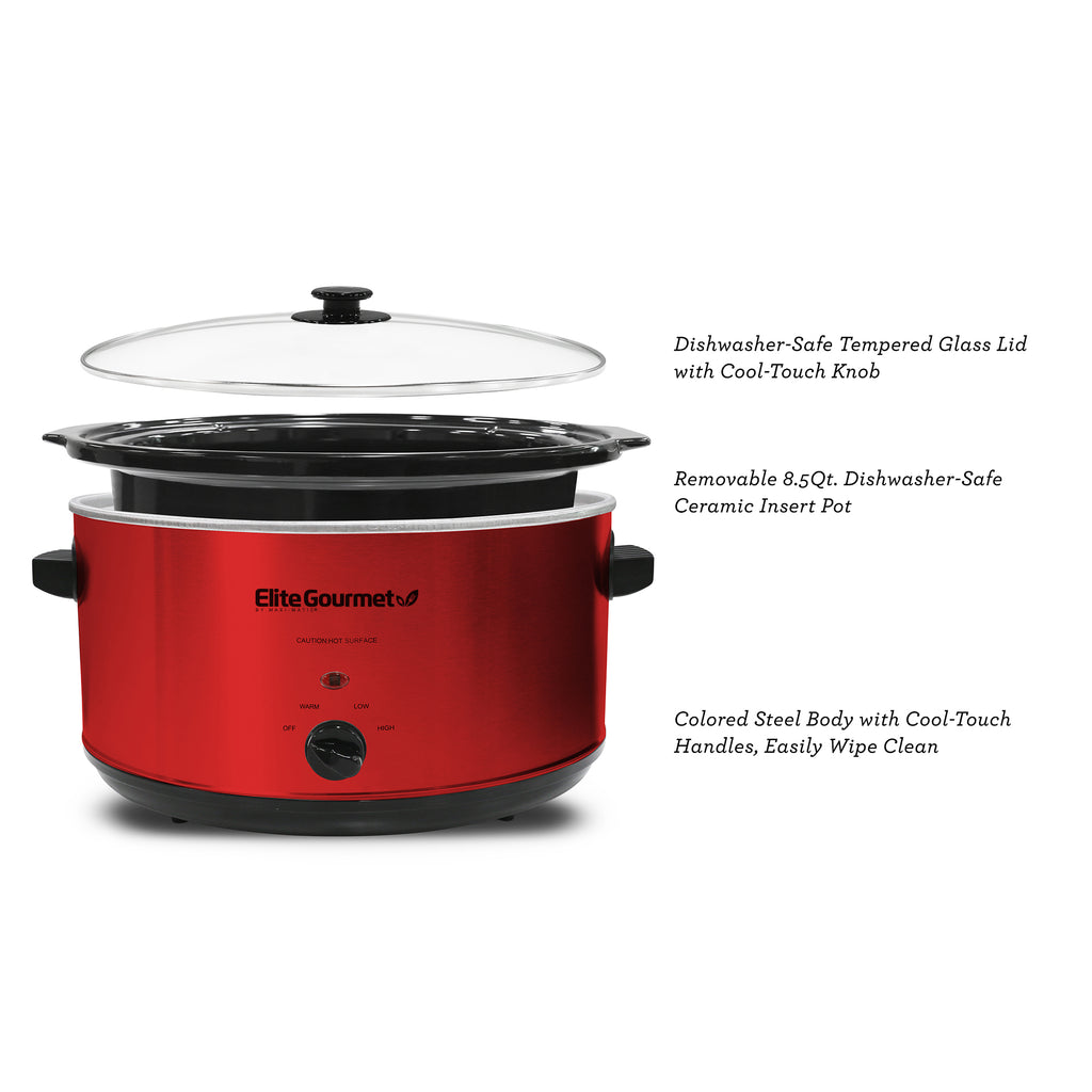 Dishwasher-Safe Tempered Glass Lid with Cool-Touch Knob. Removable 8.5Qt. Dishwasher-Safe Ceramic Insert Pot, Brushed Colored Steel body with Cool-Touch handles, easily wipe clean.