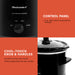 CONTROL PANEL • Low, High, Warm temperature settings. COOL-TOUCH KNOB & HANDLES prevent burning your hands while transporting the slow cooker. Showing Elite Gourmet Electric Slow Cooker control panel and cool touch handles.