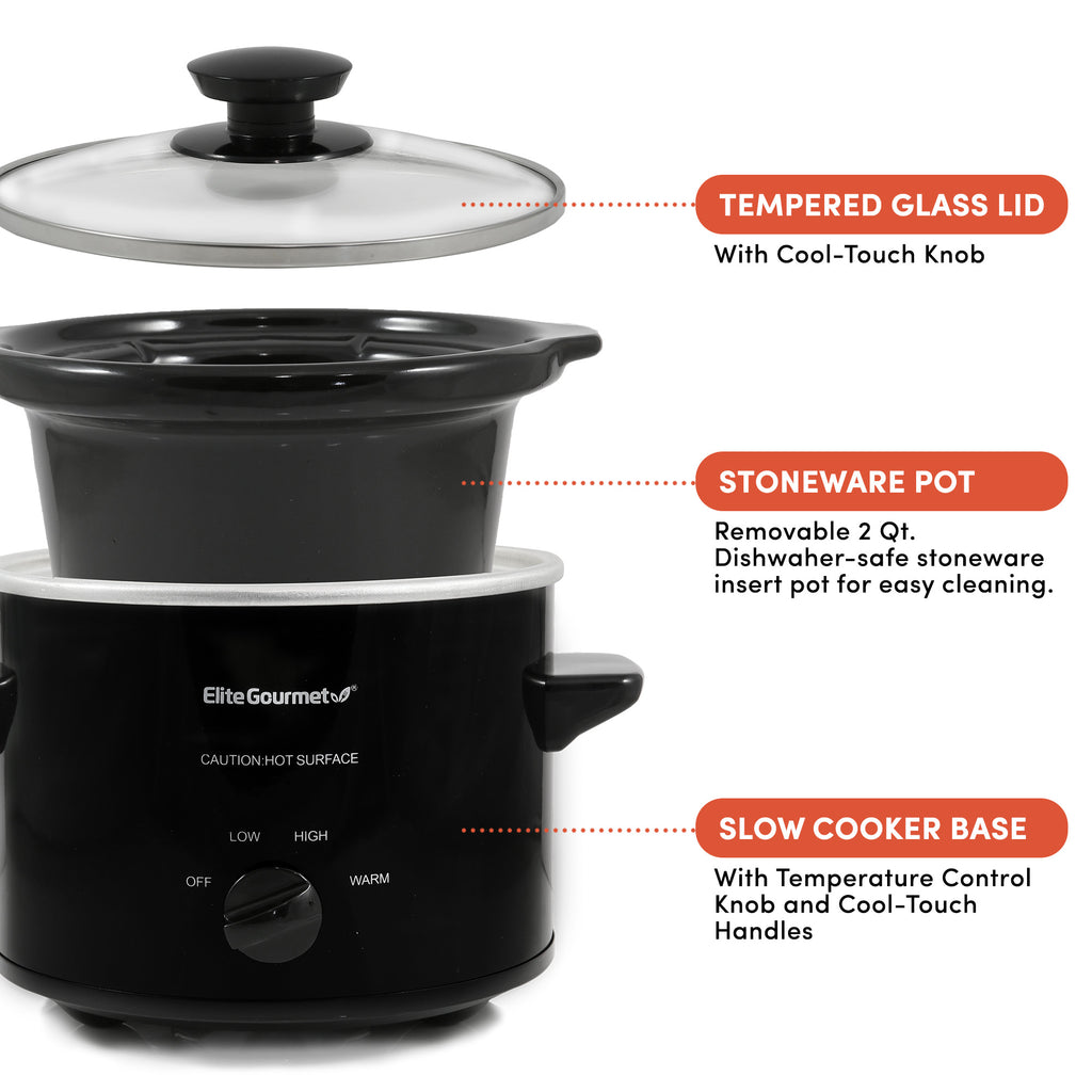 TEMPERED GLASS LID With Cool-Touch Knob. STONEWARE POT Removable 2 Qt. Dishwaher-safe stoneware insert pot for easy cleaning. SLOW COOKER BASE with temperature control knob and cool-touch handles. Showing Elite Gourmet Electric Slow Cooker parts.