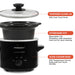 TEMPERED GLASS LID With Cool-Touch Knob. STONEWARE POT Removable 2 Qt. Dishwaher-safe stoneware insert pot for easy cleaning. SLOW COOKER BASE with temperature control knob and cool-touch handles. Showing Elite Gourmet Electric Slow Cooker parts.