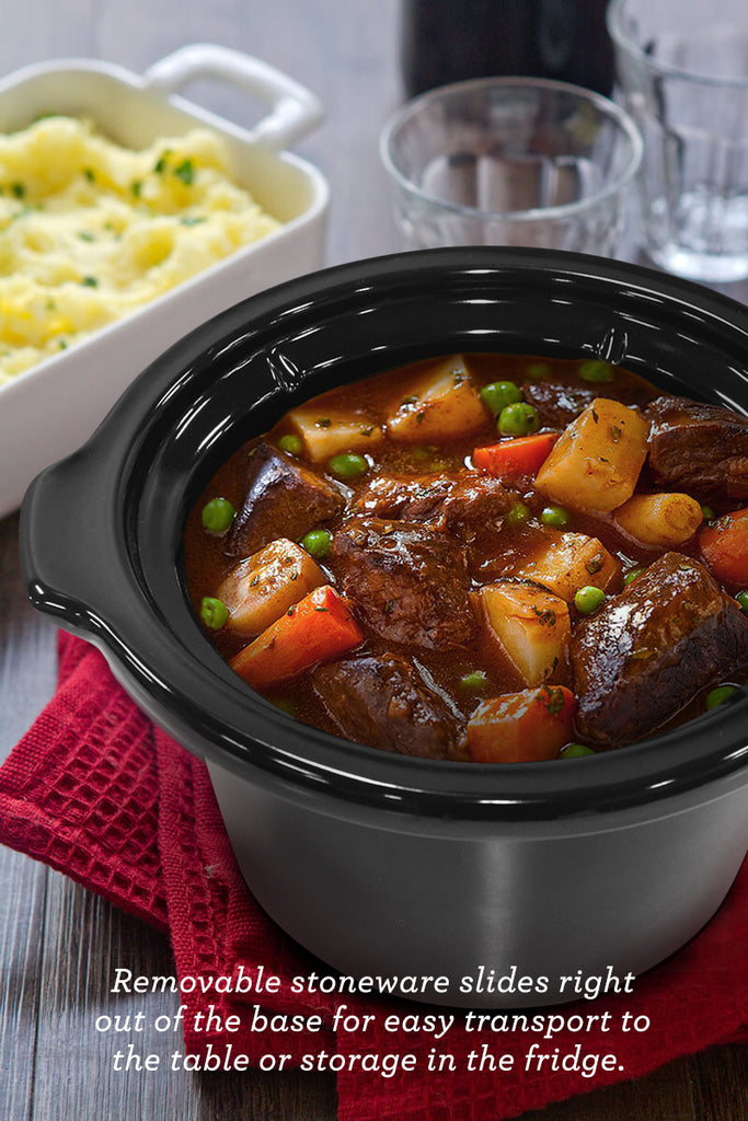 Removable stoneware slides right out of the base for easy transport to the table or storage in the fridge. Showing Elite Gourmet Slow Cooker's stoneware part with curry.