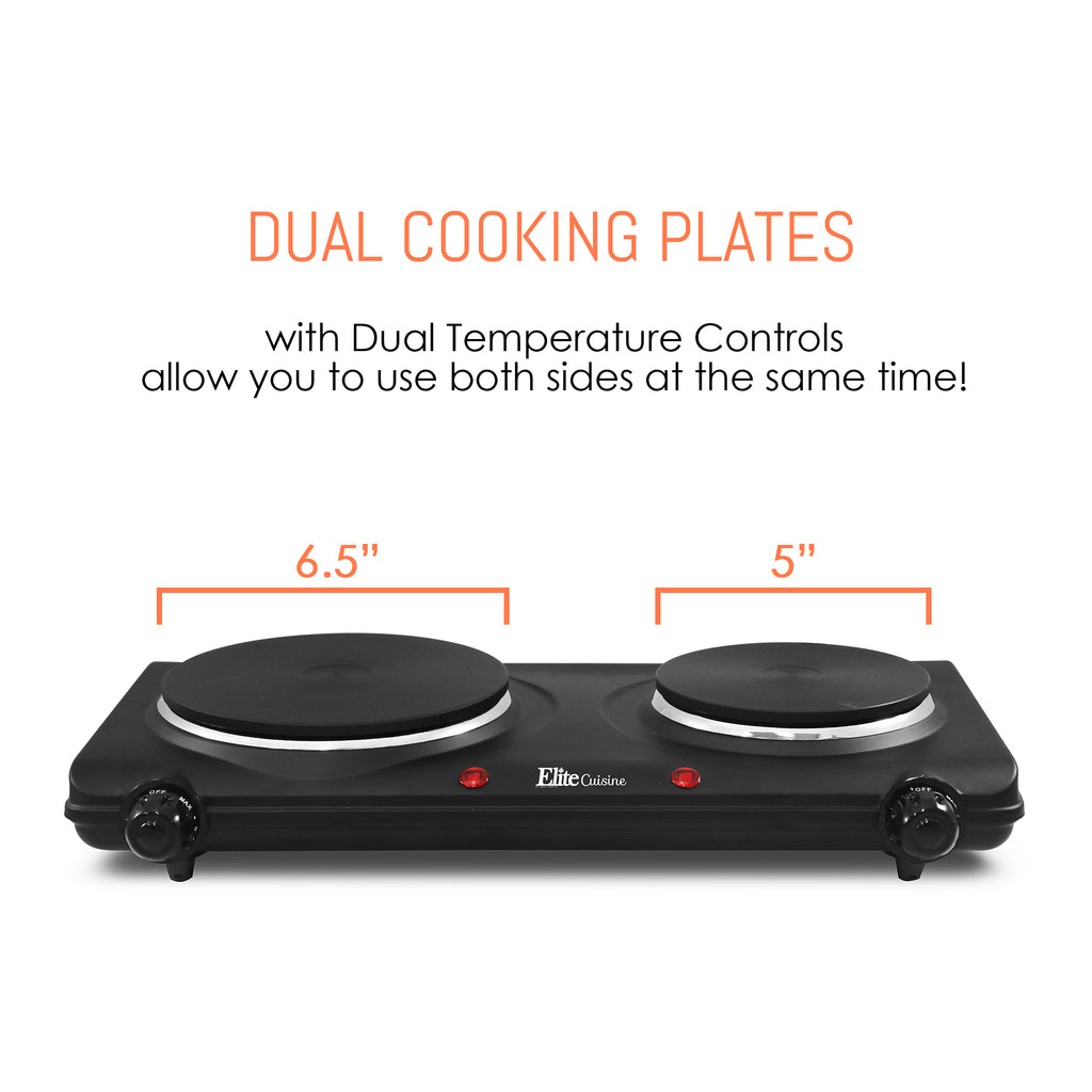 Dual Cooking Plates with Dual Temperature Controls allow you to use both sides at the same time!  Diameter of heating plates:  6.5" Diameter on Large Plate.  5" Diameter on Small Plate.