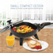 Small compact design perfect for small counter spaces and travel use.  Mini skillet on counter with scrambled eggs, toast and orange juice.