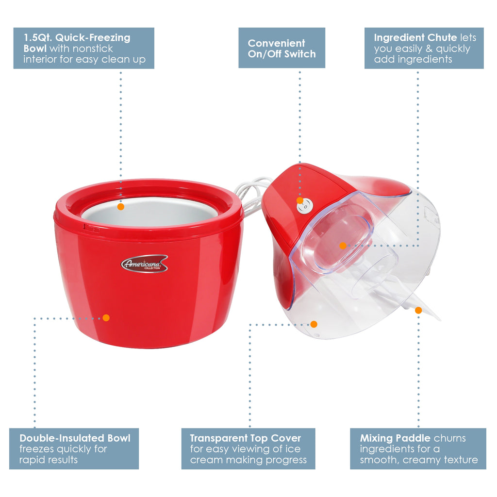 1.5Qf. Quick-Freezing Bowl with nonstick interior for easy clean up. Convenient On/Off Switch. Ingredient Chute lets you easily & quickly add ingredients. Double-Insulated Bowl freezes quickly for rapid results. Transparent Top Cover for easy viewing of ice cream making progress. Mixing Paddle churns ingredients for a smooth, creamy texture.