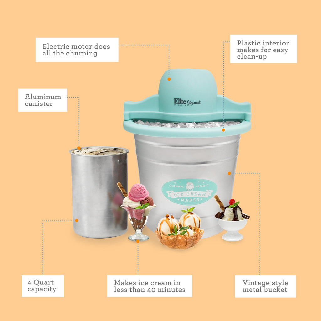 Electric motor does all the churning, Plastic interior makes for easy clean-up, Aluminum canister, 4 Quart capacity, Makes ice cream in less than 40 minutes, Vintage style metal bucket.