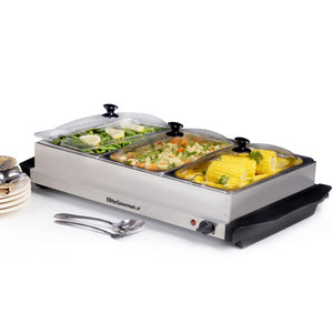 3 Tray 7.5-Quart Triple Buffet Server Food Warmer with Clear Slotted Lids