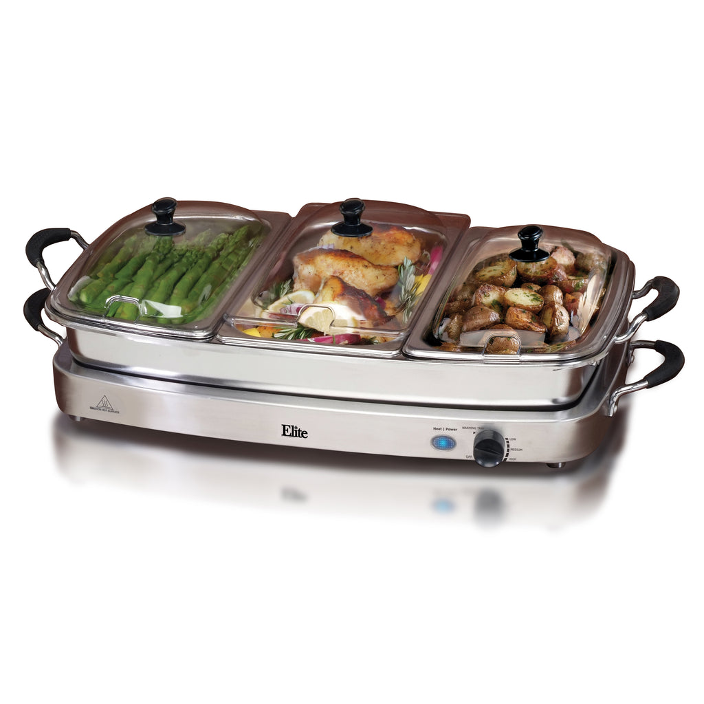 7.5Qt Triple Buffet Server with food inside serving pans.