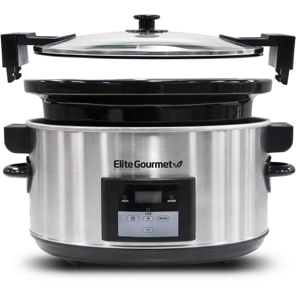 Parts & accessories separated to showcase assembly of Glass Lid, Inner Pot and Slow Cooker base.